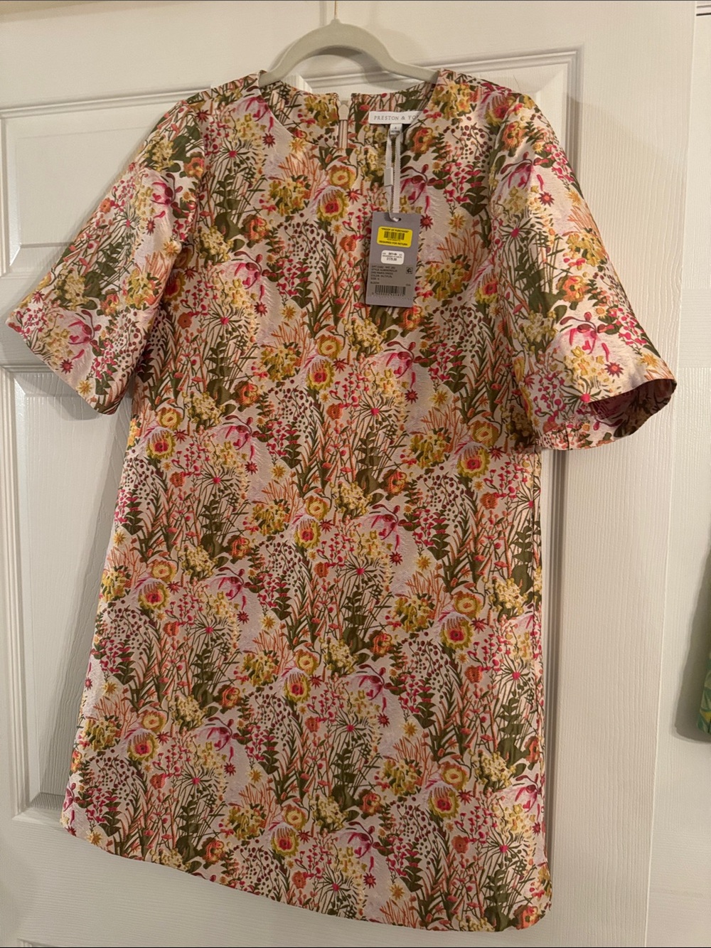 Preston & York Floral Short-Sleeve Shift Dress in Pink, Green & Yellow